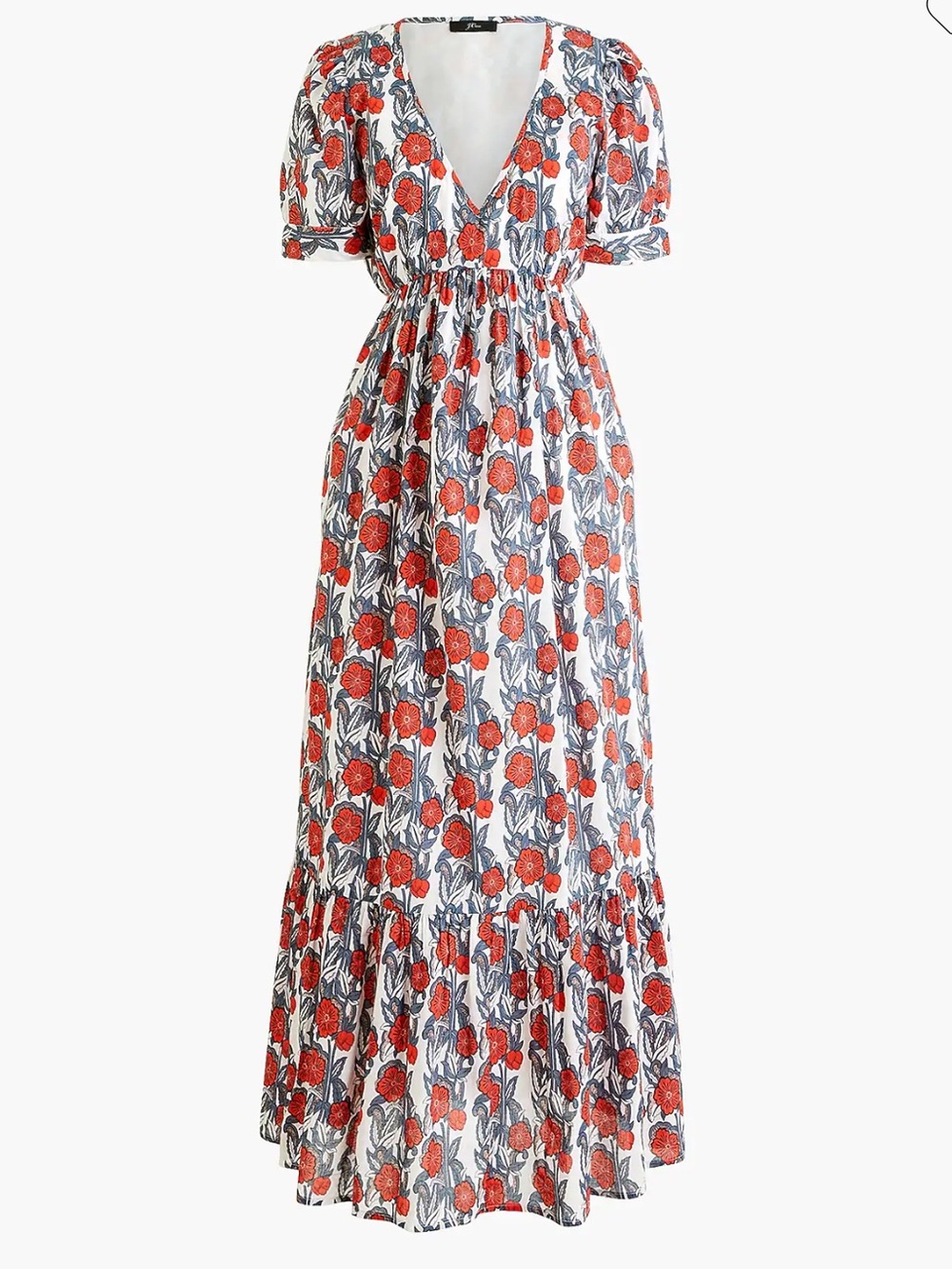 J. Crew V Neck Maxi Dress in Poppy Print Ted White and Blue Small